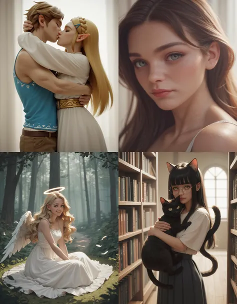 https://civitai.com/articles/5300 ___ All images: score_9, score_8_up, score_7_up ___ 1st image: 1girl, 1boy, Princess_Zelda, \(The_Legend_of_Zelda:_Breath_of_the_Wild\), standing, kiss, hug, closed_eyes ___ 2nd image: 1girl, lovely face, portrait, close-up, looking_at_viewer, closed_mouth ___ 3rd image: 1girl, solo, blonde_hair, wavy_hair, angel, angel_wings, halo, smile, sitting, forest, white_dress ___ 4th Image: 1girl, solo, long_hair, black_hair, blunt_bangs, straight_hair, round_eyewear, cat_girl, cat_ears, cat_tail, standing, hug cat, looking_at_viewer, library