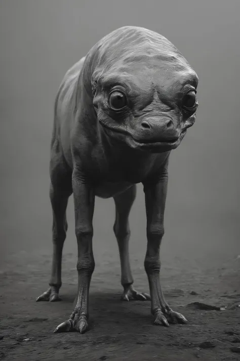 score_9, score_8_up, score_7_up, 1960's black&white portrait photo, feral holographic-alien with archaic-parts