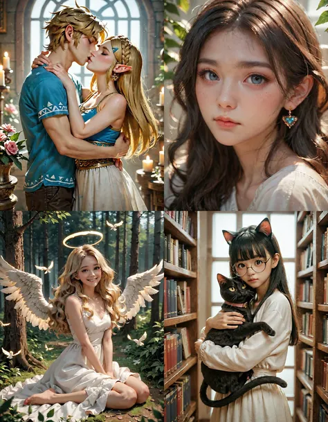 https://civitai.com/articles/5300 ___ All images: score_9, score_8_up, score_7_up ___ 1st image: 1girl, 1boy, Princess_Zelda, \(The_Legend_of_Zelda:_Breath_of_the_Wild\), standing, kiss, hug, closed_eyes ___ 2nd image: 1girl, lovely face, portrait, close-up, looking_at_viewer, closed_mouth ___ 3rd image: 1girl, solo, blonde_hair, wavy_hair, angel, angel_wings, halo, smile, sitting, forest, white_dress ___ 4th Image: 1girl, solo, long_hair, black_hair, blunt_bangs, straight_hair, round_eyewear, cat_girl, cat_ears, cat_tail, standing, hug cat, looking_at_viewer, library
