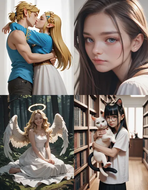 https://civitai.com/articles/5300 ___ All images: score_9, score_8_up, score_7_up ___ 1st image: 1girl, 1boy, Princess_Zelda, \(The_Legend_of_Zelda:_Breath_of_the_Wild\), standing, kiss, hug, closed_eyes ___ 2nd image: 1girl, lovely face, portrait, close-up, looking_at_viewer, closed_mouth ___ 3rd image: 1girl, solo, blonde_hair, wavy_hair, angel, angel_wings, halo, smile, sitting, forest, white_dress ___ 4th Image: 1girl, solo, long_hair, black_hair, blunt_bangs, straight_hair, round_eyewear, cat_girl, cat_ears, cat_tail, standing, hug cat, looking_at_viewer, library