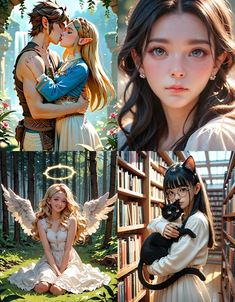 https://civitai.com/articles/5300 ___ All images: score_9, score_8_up, score_7_up ___ 1st image: 1girl, 1boy, Princess_Zelda, \(The_Legend_of_Zelda:_Breath_of_the_Wild\), standing, kiss, hug, closed_eyes ___ 2nd image: 1girl, lovely face, portrait, close-up, looking_at_viewer, closed_mouth ___ 3rd image: 1girl, solo, blonde_hair, wavy_hair, angel, angel_wings, halo, smile, sitting, forest, white_dress ___ 4th Image: 1girl, solo, long_hair, black_hair, blunt_bangs, straight_hair, round_eyewear, cat_girl, cat_ears, cat_tail, standing, hug cat, looking_at_viewer, library