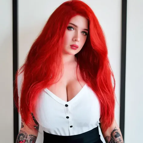 best quality, very aesthetic, ultra detailed), intricate details, 4k, stunningly beautiful, tattoo
masterpiece, clothed, upper body, large breasts, best quality, cleavage
hanac4pony, 1girl, tattoo, looking at viewer, breasts, long hair, red hair, arm tattoo, solo, white shirt, black pencil skirt, upperbody
<lora:HANAC4PONY:1>