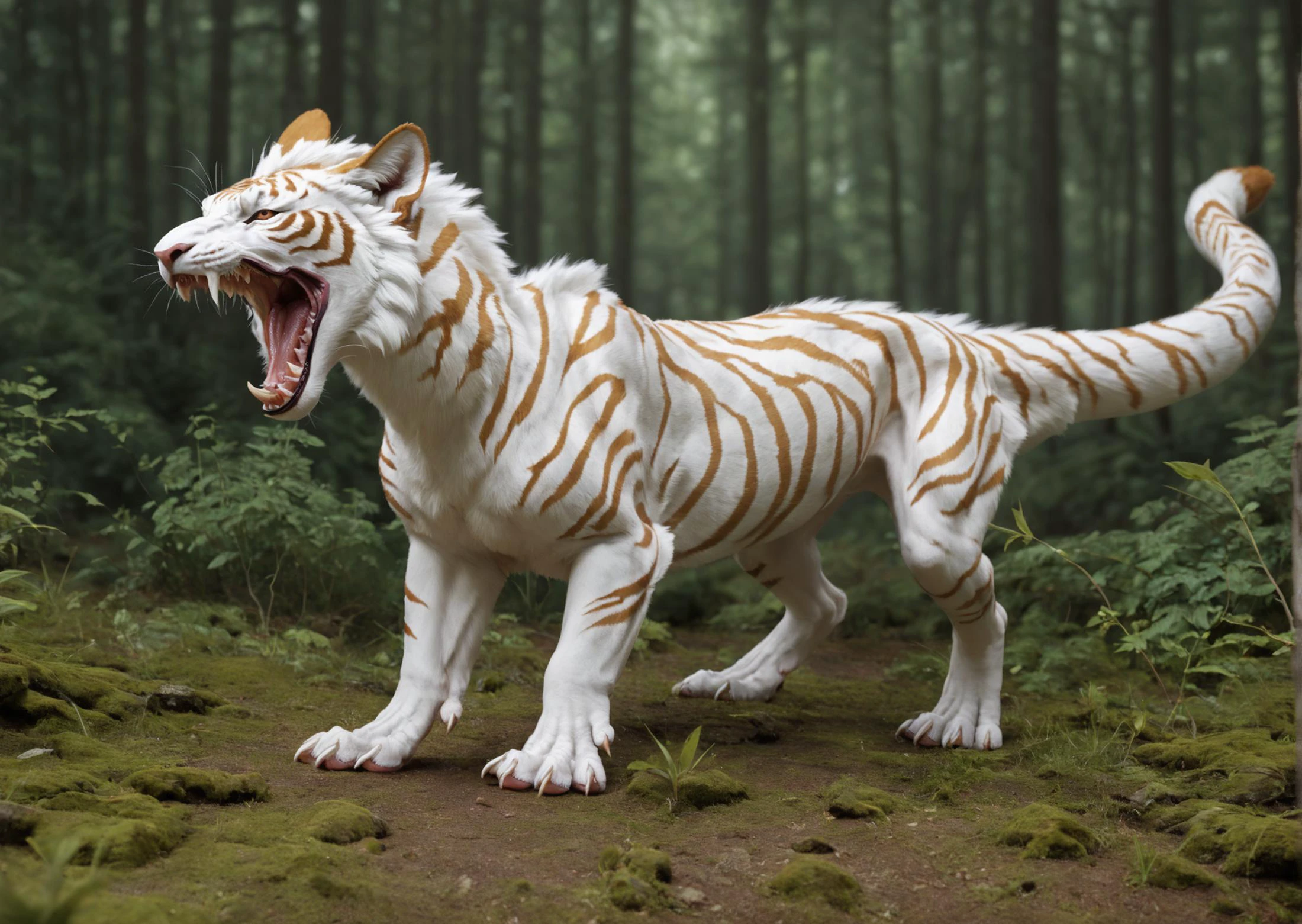 score_9, score_8_up, score_7_up, score_6_up, realistic, a portrait of a white tiger-dragon hybrid, golden tripes, furred dragon, paws, tail, feral, solo, roaring, crouchingm forest clearing, nature, digital media \\(artwork\\), 3d \\(artwork\\) ,stars, professional artwork, masterful technique, 8k resolution, (Masterpiece,hyperdetailed,bestquality),<lora:Dragons:1>