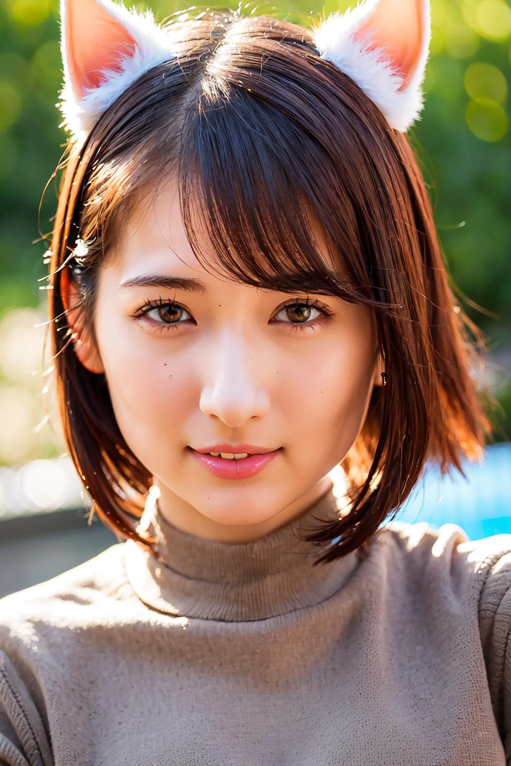 <lora:suehiro_v1:0.9>, suehiro 25 years old , pale skin, slim, cute face, brown eyes, ((butter sweater)), short blonde hair, cat ears,
(detailed eyes features:1.2), (detailed face features:1.2), close up, portrait shooting, smile, look at camera, natural breasts,
morning, in the farm,
extreme realistic, depth of field, natural lighting, 8k, post-processing, ultra high res, (photorealistic:1.6), (masterpiece:1.3), (RAW photo:1.2), Fujifilm XT3, DSLR, <lora:Arknights-Texas the Omertosa:0.25>