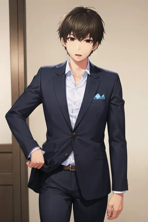 masterpiece, best quality, wallpaper, 1boy, solo, male focus, looking at viewer, , depth of field, <lora:aki_kaidou:0.74>, aki_kaidou, brown eyes, black hair, suit pants, , ,