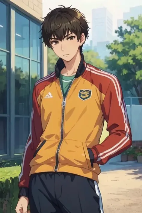masterpiece, best quality, illustration, 1boy, solo, male focus, looking at viewer, , depth of field, <lora:aki_kaidou:0.68>, aki_kaidou, brown eyes, black hair, track jacket, , ,