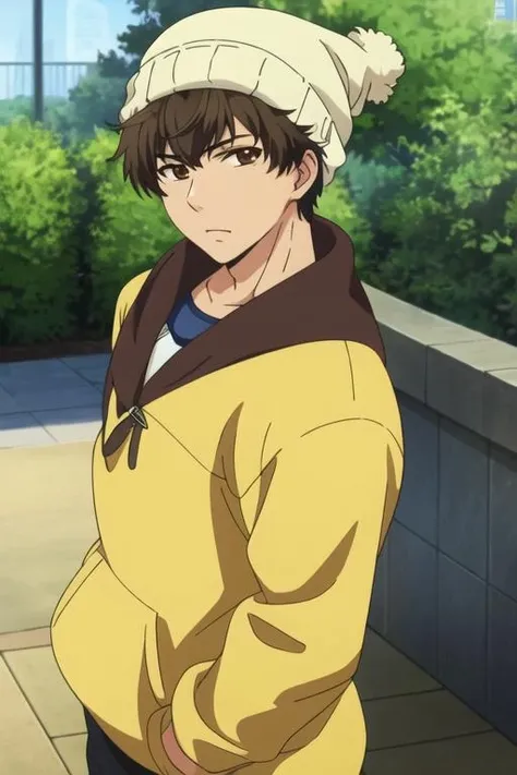 masterpiece, best quality, illustration, 1boy, solo, male focus, looking at viewer, , , <lora:aki_kaidou:0.74>, aki_kaidou, brown eyes, black hair, windcheater, beanie, ,