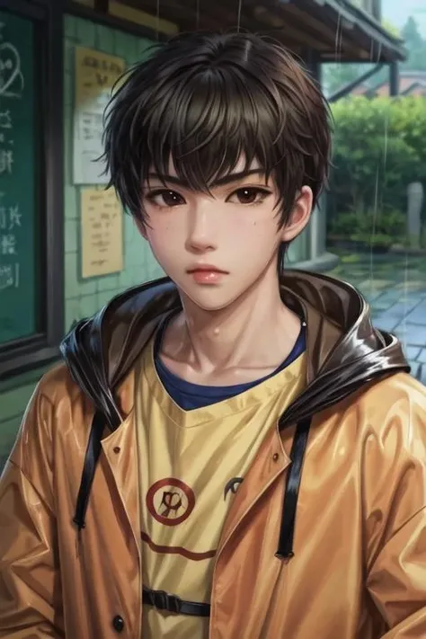 masterpiece, best quality, illustration, 1boy, solo, male focus, looking at viewer, , depth of field, <lora:aki_kaidou:0.74>, aki_kaidou, brown eyes, black hair, raincoat, homburg, ,