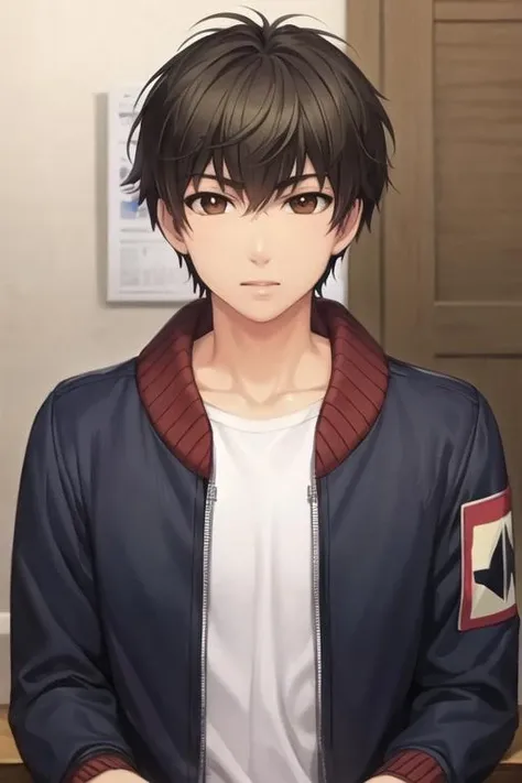 masterpiece, best quality, game cg, 1boy, solo, male focus, looking at viewer, upper body, depth of field, <lora:aki_kaidou:0.66>, aki_kaidou, brown eyes, black hair, bomber jacket, , world war 2,