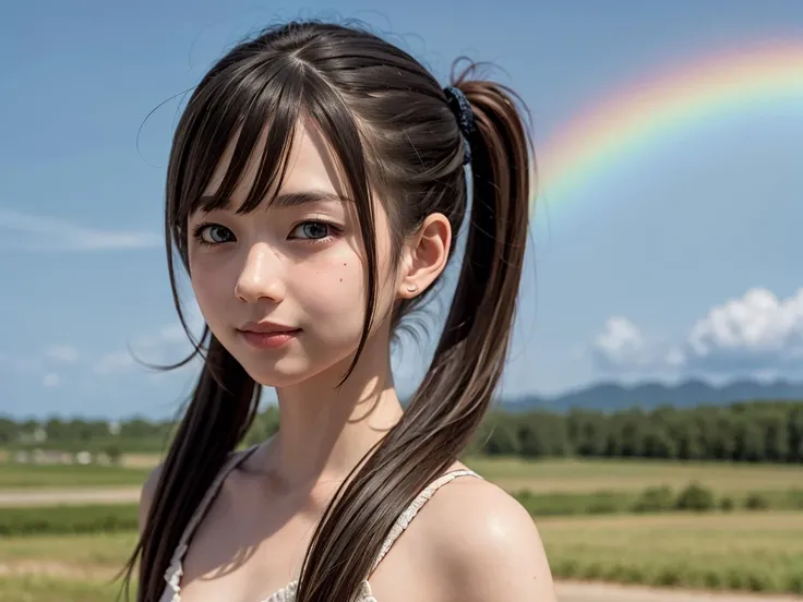 (best quality, masterpiece:1.2),ultra detailed,(photo realistic:1.4),twin_tail_girl,<lora:TwinTailGirl_v1:0.4>,rainbowsky_background,<lora:RainbowSky_v1:0.6>,upper body,lite smile,