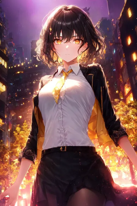 1girl, masterpiece, best quality, beautiful detailed glow, extremly detailed,cinematic lighting, intricate detail, finely detailed beautiful face and eyes, 8k, dark intense shadows, black hair, short hair, bangs, floating hair, glowing hair, yellow eyes, soft glowing eyes, looking at viewer, expressionless staring, cowboy shot, black jacket, open jacket, white shirt, yellow necktie, black skirt, night city