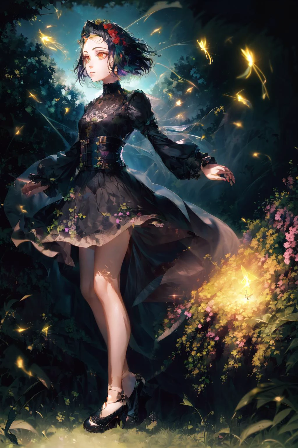 ((negative space)), (full body), 1girl, masterpiece, extremly detailed, ((Cinematic lighting)), (glowing), ((dramatic lighting)), ((beautiful detailed glow)), grim expression, intricate detail, lens flare, multicolored hair, black hair, short hair, head wings, ice wings, light particles, (small:1.4), , red eyes, night, forest, glowing, [[floating sparkles]], spotlight, dark background, floating hair, (forehead:1.4), asymmetrical hair, missb0tez, plant, ray tracing, diffraction spikes, detailed beautiful face and eyes, (fireflies:1.2), wisps, thigh bands, alice \(alice in wonderland\), black theme, [[black background]], dark background, <lora:V11ForegroundPlant_V11:1> <lora:theovercomer8sContrastFix_sd15:0.4>