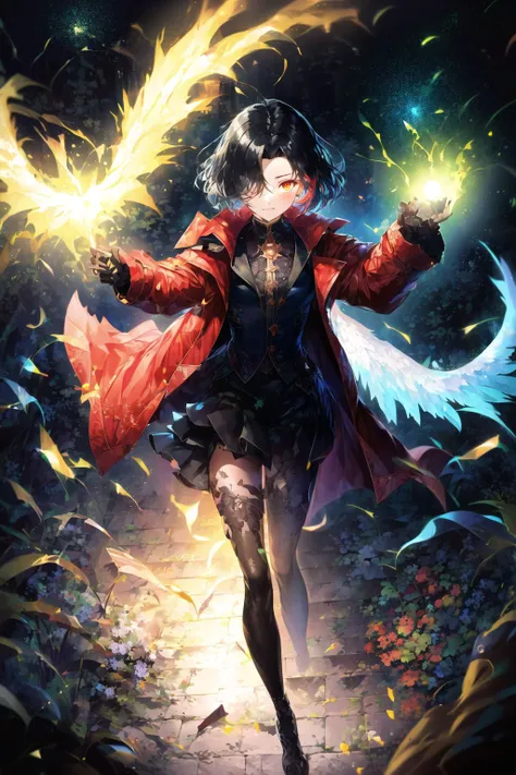 (negative space:1.28), (full body), 1girl, ((solo)), , , highres, masterpiece, extremly detailed, ((Cinematic lighting)), (glowing), ((dramatic lighting)), ((beautiful detailed glow)), light smile, blush, intricate detail, lens flare, multicolored hair, black hair, short hair, head wings, ice wings, light particles, (small:1.5), child, (red eyes:1.2), (pink eyes:0.4), night, (forest:1.15), glowing, [floating sparkles], spotlight, dark background, floating hair, (forehead:1.4), missb0tez, plant, leaf, ray tracing, diffraction spikes, (fireflies:1.2), wisps, thigh bands, , black theme, [[black background]], dark background, detached wings, red cape, floating cape, cape: 10 layers, ((long coat, open jacket)), straight hair, streaked hair, hair over one eye, asymmetrical hair, asymmetrical bangs, parted bangs, swept bangs, head_tilt, <lora:V11ForegroundPlant_V11:1>