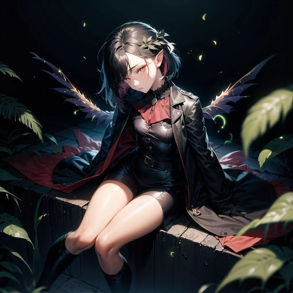 sitting, (negative space:1.28), (full body), 1girl, ((solo)), , ,, from above, masterpiece, extremly detailed, ((Cinematic lighting)), (glowing), ((dramatic lighting)), ((beautiful detailed glow)), grim expression, blush, intricate detail, lens flare, black hair, short hair, (head wings:1.6), light particles, (small:1.5), (red eyes:1.3), (pink eyes:0.4), (night:1.5), (forest:1.15), glowing, [floating sparkles], spotlight, floating hair, (forehead:1.3), missb0tez, plant, leaf, ray tracing, diffraction spikes, (fireflies:1.2), wisps, thigh bands, alice \(alice in wonderland\), (black theme:1.3), black background, (dark background:1.3), detached wings, red cape, school skirt, miniskirt, white bodysuit, red armor, asymmetrical legwear, floating cape, cape: 10 layers, ((long coat, open jacket)), straight hair, (streaked hair:1.3), hair over one eye, asymmetrical bangs, swept bangs, head tilt, (depth of field:0.4) <lora:V11ForegroundPlant_V11:0.6>  <lora:theovercomer8sContrastFix_sd15:0.4>