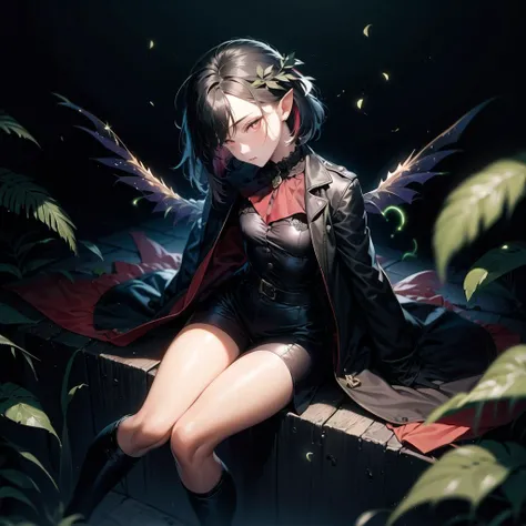 sitting, (negative space:1.28), (full body), 1girl, ((solo)), , ,, from above, masterpiece, extremly detailed, ((Cinematic lighting)), (glowing), ((dramatic lighting)), ((beautiful detailed glow)), grim expression, blush, intricate detail, lens flare, black hair, short hair, (head wings:1.6), light particles, (small:1.5), child, (red eyes:1.3), (pink eyes:0.4), (night:1.5), (forest:1.15), glowing, [floating sparkles], spotlight, floating hair, (forehead:1.3), missb0tez, plant, leaf, ray tracing, diffraction spikes, (fireflies:1.2), wisps, thigh bands, alice \(alice in wonderland\), (black theme:1.3), black background, (dark background:1.3), detached wings, red cape, school skirt, miniskirt, white bodysuit, red armor, asymmetrical legwear, floating cape, cape: 10 layers, ((long coat, open jacket)), straight hair, (streaked hair:1.3), hair over one eye, asymmetrical bangs, swept bangs, head tilt, (depth of field:0.4) <lora:V11ForegroundPlant_V11:0.6>  <lora:theovercomer8sContrastFix_sd15:0.4>