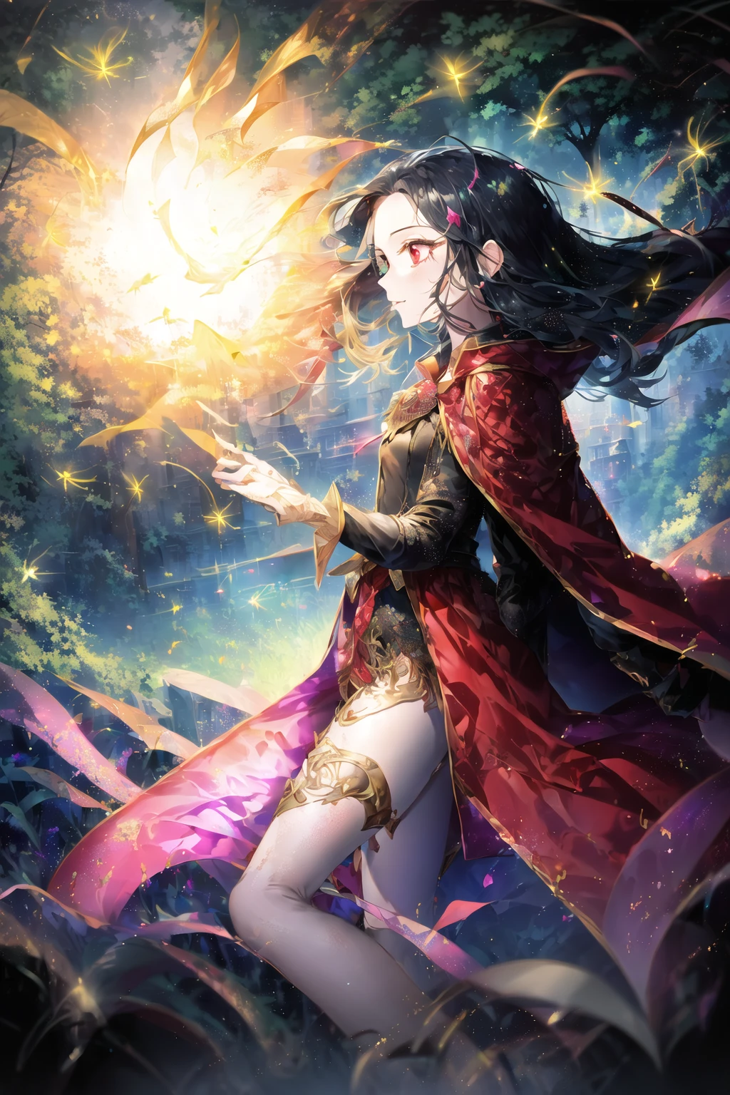 (negative space:1.28), (full body), 1girl, ((solo)), looking away, portrait, highres, masterpiece, extremly detailed, ((Cinematic lighting)), (glowing), ((dramatic lighting)), ((beautiful detailed glow)), light smile, blush, intricate detail, lens flare, multicolored hair, black hair, short hair, head wings, ice wings, light particles, (small:1.5), (red eyes:1.2), (pink eyes:0.4), night, (forest:1.15), glowing, [floating sparkles], spotlight, dark background, floating hair, (forehead:1.4), missb0tez, plant, leaf, ray tracing, diffraction spikes, (fireflies:1.2), wisps, thigh bands, , black theme, [[black background]], dark background, detached wings, red cape, floating cape, cape: 10 layers, ((long coat, open jacket)), straight hair, streaked hair, hair over one eye, asymmetrical hair, asymmetrical bangs, parted bangs, swept bangs, head_tilt, <lora:V11ForegroundPlant_V11:1>