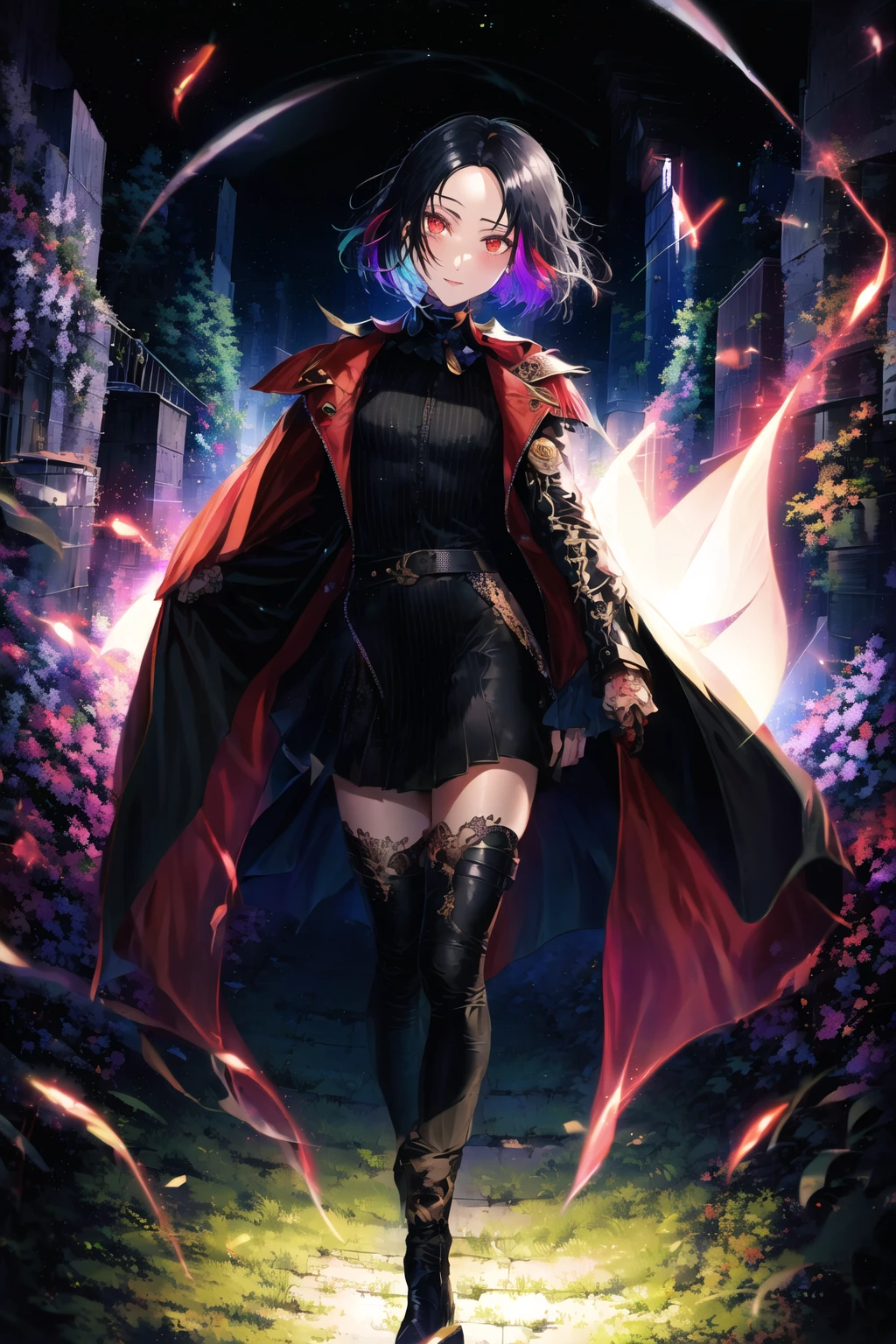 ((negative space)), (full body), 1girl, ((solo)), looking at viewer, ,, highres, masterpiece, extremly detailed, ((Cinematic lighting)), (glowing), ((dramatic lighting)), ((beautiful detailed glow)), light smile, blush, intricate detail, lens flare, multicolored hair, black hair, short hair, head wings, ice wings, light particles, (small:1.4), red eyes, (pink eyes:0.4), night, forest, glowing, [floating sparkles], spotlight, dark background, floating hair, (forehead:1.4), missb0tez, plant, leaf, ray tracing, diffraction spikes, (fireflies:1.2), wisps, thigh bands, , black theme, [[black background]], dark background, detached wings, red cape, floating cape, cape: 10 layers, ((long coat, open jacket)), straight hair, streaked hair, hair over one eye, asymmetrical hair, asymmetrical bangs, parted bangs, swept bangs, head_tilt, <lora:V11ForegroundPlant_V11:1> <lora:theovercomer8sContrastFix_sd15:0.5>
