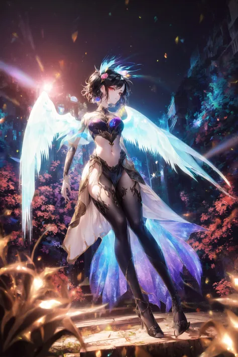 ((negative space)), (full body), 1girl, masterpiece, extremly detailed, ((Cinematic lighting)), (glowing), ((dramatic lighting)), ((beautiful detailed glow)), grim expression, intricate detail, lens flare, multicolored hair, black hair, short hair, head wings, ice wings, light particles, small, light smile, red eyes, night, forest, glowing, [[floating sparkles]], spotlight, dark background, floating hair, forehead, missb0tez, <lora:V11ForegroundPlant_V11:0.6>