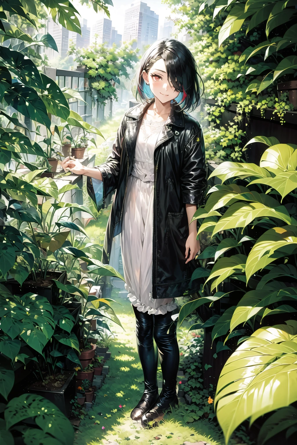 (negative space:1.28), (full body), 1girl, ((solo)), , portrait, highres, masterpiece, extremly detailed, ((Cinematic lighting)), (glowing), ((dramatic lighting)), ((beautiful detailed glow)), smirk, blush, intricate detail, lens flare, multicolored hair, black hair, short hair, head wings, ice wings, light particles, (small:1.5), (red eyes:1.2), (pink eyes:0.4), night, (forest:1.15), glowing, [floating sparkles], spotlight, dark background, floating hair, (forehead:1.4), missb0tez, plant, leaf, ray tracing, diffraction spikes, (fireflies:1.2), wisps, thigh bands, , black theme, [[black background]], dark background, detached wings, red cape, floating cape, cape: 10 layers, ((long coat, open jacket)), straight hair, streaked hair, hair over one eye, asymmetrical hair, asymmetrical bangs, parted bangs, swept bangs, head_tilt, <lora:V11ForegroundPlant_V11:1>