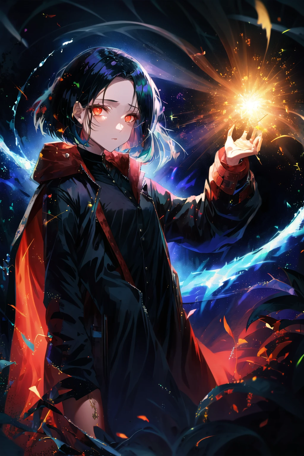 ((negative space)), (full body), 1girl, ((solo)), looking at viewer, portrait, highres, masterpiece, extremly detailed, ((Cinematic lighting)), (glowing), ((dramatic lighting)), ((beautiful detailed glow)), grim expression, blush, intricate detail, lens flare, multicolored hair, black hair, short hair, head wings, ice wings, light particles, (small:1.4), , red eyes, (pink eyes:0.4), night, forest, glowing, [floating sparkles], spotlight, dark background, floating hair, (forehead:1.4), missb0tez, plant, leaf, ray tracing, diffraction spikes, (fireflies:1.2), wisps, thigh bands, , black theme, [[black background]], dark background, detached wings, red cape, floating cape, cape: 10 layers, ((long coat, open jacket)), straight hair, streaked hair, hair over one eye, asymmetrical hair, asymmetrical bangs, parted bangs, swept bangs, head_tilt, <lora:V11ForegroundPlant_V11:1> <lora:theovercomer8sContrastFix_sd15:0.5>