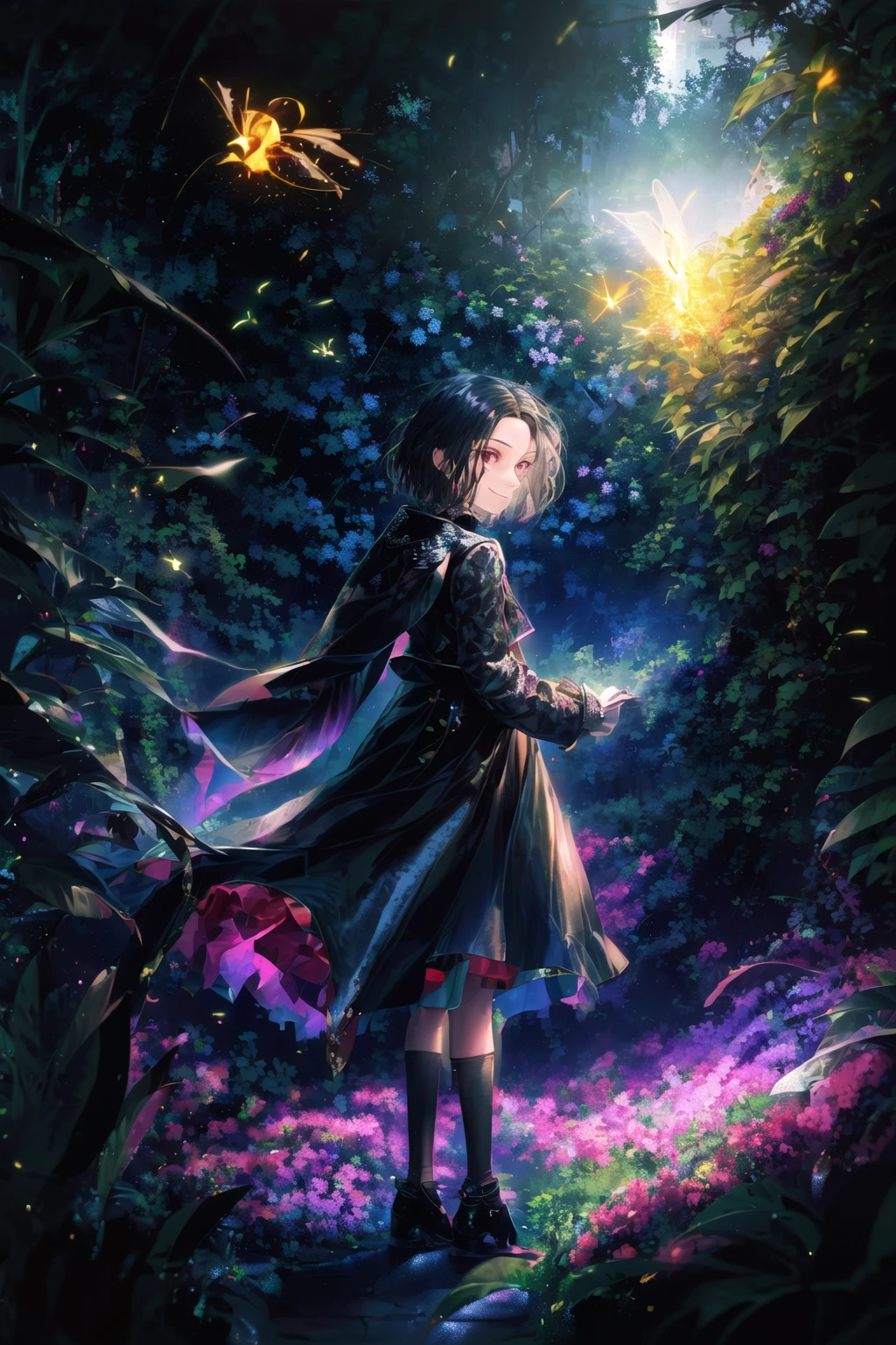 ((negative space)), (full body), 1girl, ((solo)), {looking at viewer|looking away|looking back}, {portrait|,|}, highres, masterpiece, extremly detailed, ((Cinematic lighting)), (glowing), ((dramatic lighting)), ((beautiful detailed glow)), {grim expression|light smile|smirk|}, intricate detail, lens flare, multicolored hair, black hair, short hair, head wings, ice wings, light particles, (small:1.4), , red eyes, (pink eyes:0.4), night, forest, glowing, [floating sparkles], spotlight, dark background, floating hair, (forehead:1.4), asymmetrical hair, missb0tez, plant, ray tracing, diffraction spikes, (fireflies:1.2), wisps, thigh bands, {alice \(alice in wonderland\)|}, black theme, [[black background]], dark background, detached wings, black cape, long coat, open jacket,  <lora:V11ForegroundPlant_V11:1> <lora:theovercomer8sContrastFix_sd15:0.4>