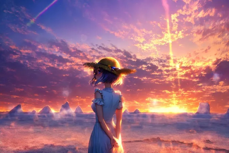 1girl, masterpiece, extremly detailed, (beautiful detailed glow), lens flare, white hair, short hair, floating hair, looking back, back behind, smile, blue eyes, white dress, medium breasts, upper body, wide shot, straw hat, ((salar de uyuni)), sunrise, clouds, backlighting, purple sky, yellow sky, gradient sky, hands on hat