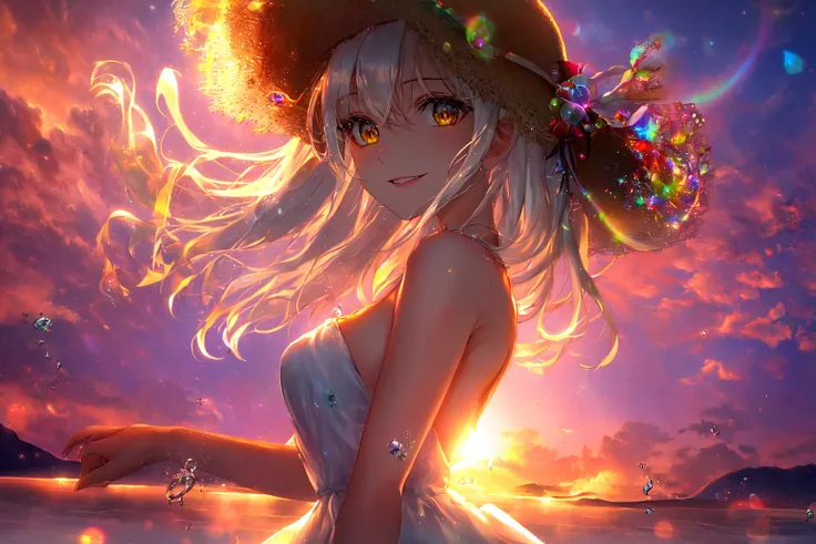 1girl, masterpiece, extremly detailed, (beautiful detailed glow), lens flare, white hair, short hair, floating hair, looking at viewer, light smile,(aquatic eyes), pink lips, white dress, medium breasts, upper body, straw hat, ((salar de uyuni)), sunrise, clouds, backlighting, purple sky, yellow sky, gradient sky, hands on hat, backlighting