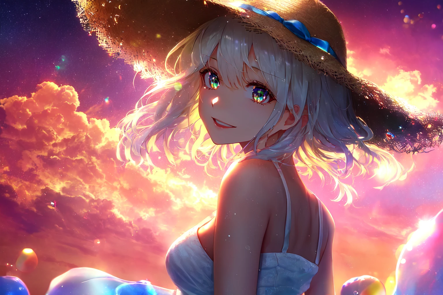 1girl, masterpiece, extremly detailed, (beautiful detailed glow), lens flare, white hair, short hair, floating hair, looking back, back behind,light smile,(aquatic eyes), pink lips, white dress, medium breasts, upper body, straw hat, ((salar de uyuni)), sunrise, clouds, backlighting, purple sky, yellow sky, gradient sky, hands on hat, backlighting