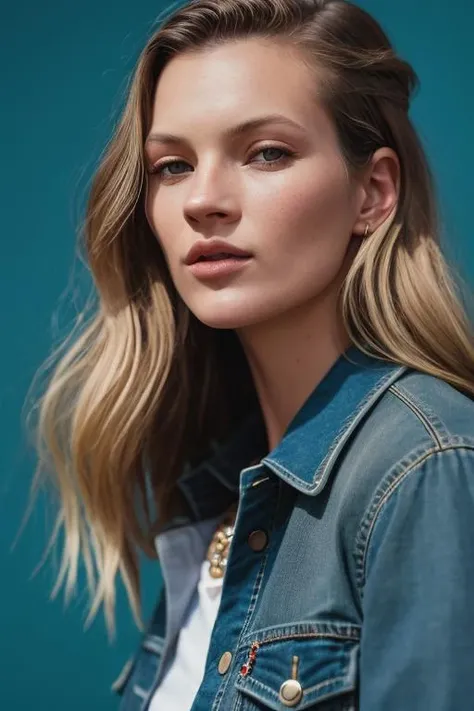 <lora:k4t3m0ss:0.9>, a Realistic photo of k4t3m0ss woman, long hair, looking at viewer, blue eyes, blonde hair, brown hair, shirt, jewelry, lying, bracelet, lips, blue background, ring, on stomach, head rest, realistic, soft lighting, professional Photography, Photorealistic, detailed eyes, RAW, analog, sharp focus, 8k, HD, DSLR, high quality, Fujifilm XT3, film grain, award winning, masterpiece