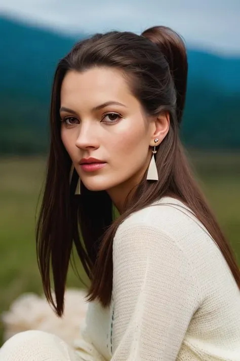 <lora:k4t3m0ss:0.9>, a Realistic photo of k4t3m0ss woman, long hair, looking at viewer, simple background, brown hair, long sleeves, white background, brown eyes, jewelry, sitting, ponytail, pantyhose, earrings, lips, makeup, fishnets, realistic, soft lighting, professional Photography, Photorealistic, detailed eyes, RAW, analog, sharp focus, 8k, HD, DSLR, high quality, Fujifilm XT3, film grain, award winning, masterpiece