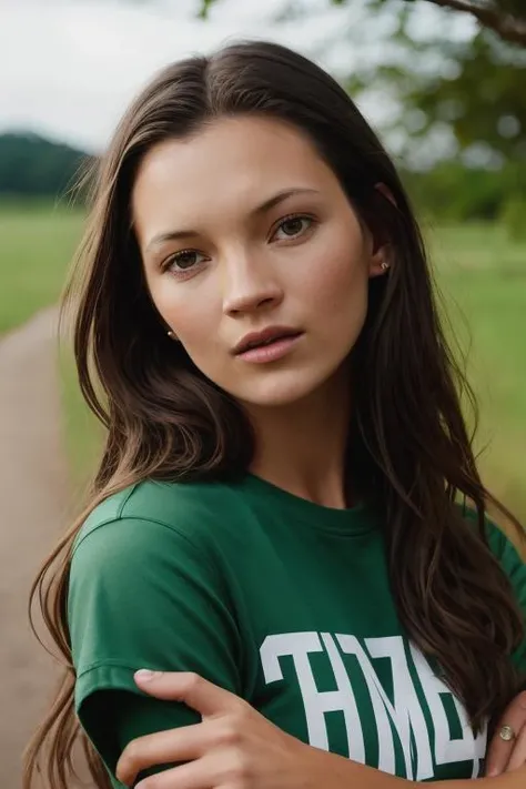<lora:k4t3m0ss:0.9>, a Realistic photo of k4t3m0ss woman, long hair, looking at viewer, simple background, brown hair, shirt, green eyes, white shirt, upper body, short sleeves, parted lips, arms up, lips, arms behind head, realistic, soft lighting, professional Photography, Photorealistic, detailed eyes, RAW, analog, sharp focus, 8k, HD, DSLR, high quality, Fujifilm XT3, film grain, award winning, masterpiece