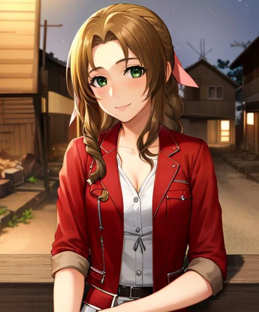 portrait, (adult woman), (1girl, solo), smile, (brown hair), green eyes, ((slums)), (night, hazy), ((best quality, high detail)), ((masterpiece)), <lora:Cha - Aerith v3:.75> aerith gainsborough, hair ribbon, braid, red cropped jacket, dress, <lora:1_kenken_25e:1>