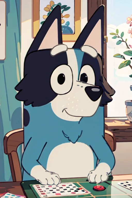 <lora:Bluey-08:0.8>, Bluey Style, solo, (bingo), furry, furry male, body fur, black eyes, looking at viewer, animal nose, indoors, art table