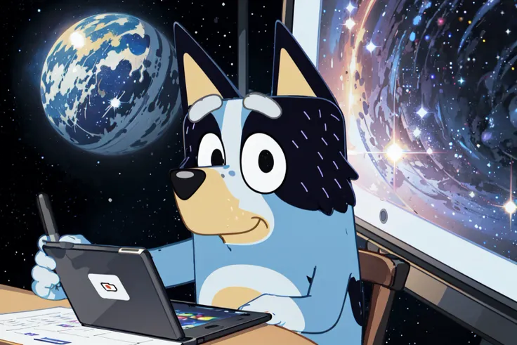 <lora:Bluey-08:0.8>, Bluey Style, solo, furry, furry female, body fur, sparkles, (black eyes), looking at viewer, (holding a pencil, drawing on a tablet:1.1), galaxy surroundings, galaxy, planet in background