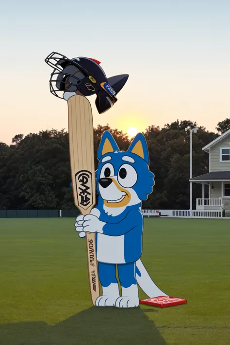 Bluey Style, holding,holding a cricket bat, standing, outdoors, sky, black eyes, tree, parody, helmet, bottle, grass, furry, body fur, flat color, sunset, dog, house, no humans, <lora:Bluey:0.5>