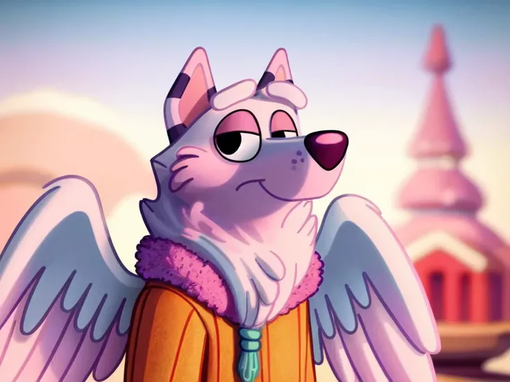 (art by Modern Disney:0.7) , whimsical art, Physically based render, Disgusting Male Angel, wearing warm outfit, shallow depth of field, Ultra Detailed, Pastel Colors, epic fantasy, <lora:Bluey-08:1> styles style animal fursona