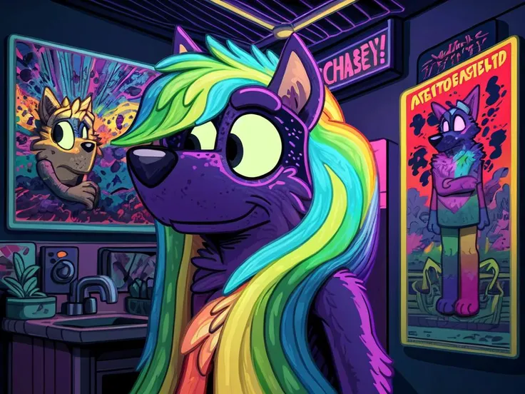art by Dan Mumford, clean art, Chalk painting, Extraordinary, Visionary "The September 11 Attacks", Bathed in shadows, Visual novel, Rainbowpunk, studio lighting, poster art, <lora:Bluey-08:1> styles style animal fursona
