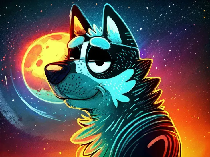 by Carne Griffiths, Conrad Roset and Makoto Shinkai, majestic, Sharp focus of a Bohemian Dwarf Planet Ceres, Stars in the sky, Ektachrome, <lora:Bluey-08:1> styles style animal fursona