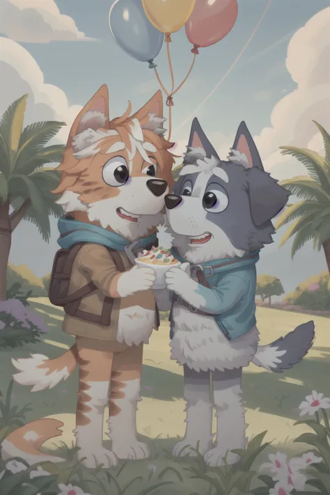 Bluey Style, open mouth, holding, animal ears, standing, tail, full body, flower, male focus, outdoors, food, multiple boys, sky, day, cloud, 2boys, looking at another, black eyes, tree, blue sky, crossed arms, grass, holding food, dog ears, furry, dog, dog tail, bush, furry male, balloon, cat boy, dog boy <lora:Bluey:0.5>