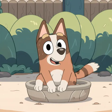 Bluey Style, solo, animal ears, tail, full body, black eyes, happy, laying, playing in the dirt, no humans, cat, furry, animal focus, brown fur, outdoors, backyard setting, <lora:Bluey:0.8>