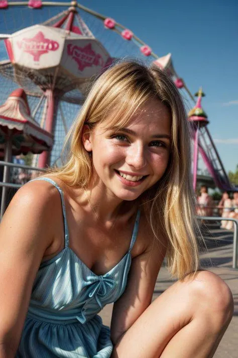 Polaroid SX-70, epiCPhoto, perfect photo, photorealistic, sharp focus, soft light, intricated details, highly detailed, 16k, shallow dof, raw photo, masterpiece, (19-year-old blonde girl:1.2), (blue and pink strap dress:1.3), (amusement park:1.3), (nostalgic:1.2), (sunny day:1.2), joyful expression, (natural skin), cute, detailed face