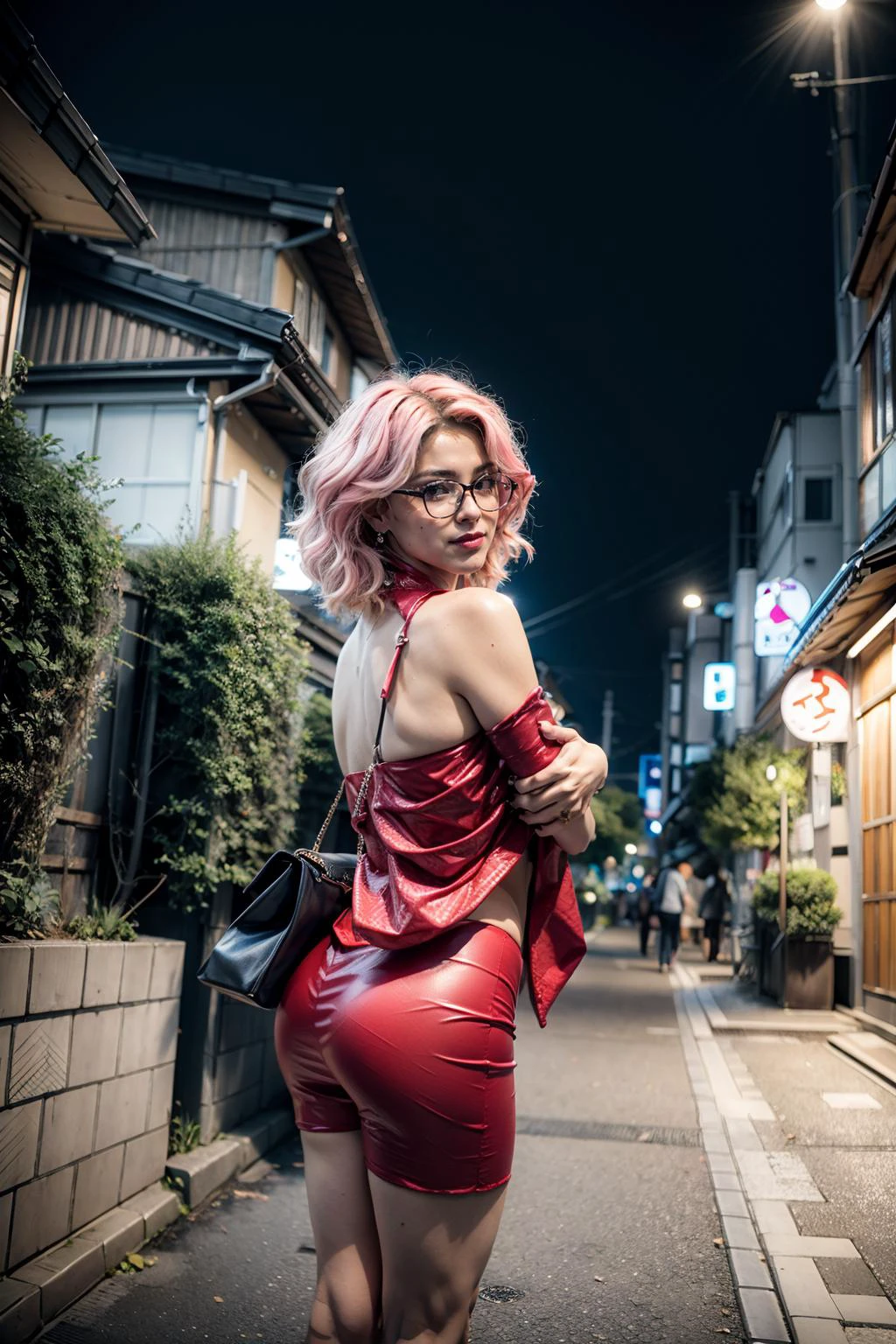 "(from behind, lower body), 1girl, Japanese girl, detailed skin texture, (blush:0.5), (goosebumps:0.5), subsurface scattering, (pink hair:1.1), (short hair:1.1),smiling, (Glasses:1.1) BREAK MadamePresident, mature female, milf, lipstick, makeup, earring, red nails, nail polish, center opening, (red dress:1.2), covered nipples, helterneck, highheels, feminine_pose(standing, looking back), BREAK (realistic:1.3), finely detailed, quality, rembrandt lighting, (masterpiece:1.2), (photorealistic:1.2), (best quality), (detailed skin:1.3), (intricate details), dramatic, ray tracing, (outdoor, night, tokyo city,night light), <lora:add_detail:0.3>, <lora:MadamePresident:0.8>"