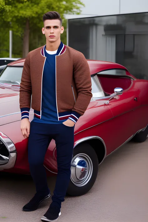 1man, beautiful face, posing at car exhibition, strict, clean brown hair, handsome, varsity jacket, shirt, pants, jock, ultrarealistic, realism, studio lighting, magazine photography, HDR, 4k resolution, hd, 2k, 8k, 16k, HDR 4k