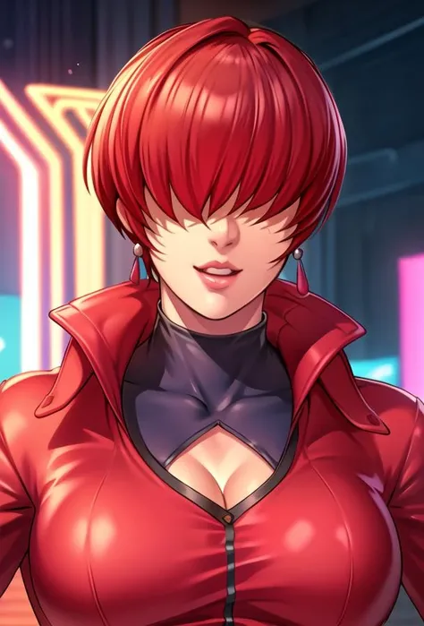 ,
Red outfit,Red jacket,choker, cleavage cutout, clothing cutout, 
earrings,
Red hair,bangs,((hair over eyes)),
1 girl, 20yo,Young female,Beautiful Finger,Beautiful long legs,Beautiful body,Beautiful Nose,Beautiful character design, evil face,
looking down at viewer,(Focus on her face),too evil_Smile,
official art,extremely detailed CG unity 8k wallpaper, perfect lighting,Colorful, Bright_Front_face_Lighting,shiny skin,
(masterpiece:1.0),(best_quality:1.0), ultra high res,4K,ultra-detailed,
photography, 8K, HDR, highres, absurdres:1.2, Kodak portra 400, film grain, , bokeh:1.2, lens flare, (vibrant_color:1.2),professional photograph,
(Beautiful,large_Breasts:1.4), (beautiful_face:1.5),(narrow_waist),conceit,smile worst,worst ridecule,evil moukery,hand on hip,upper body,two hand,