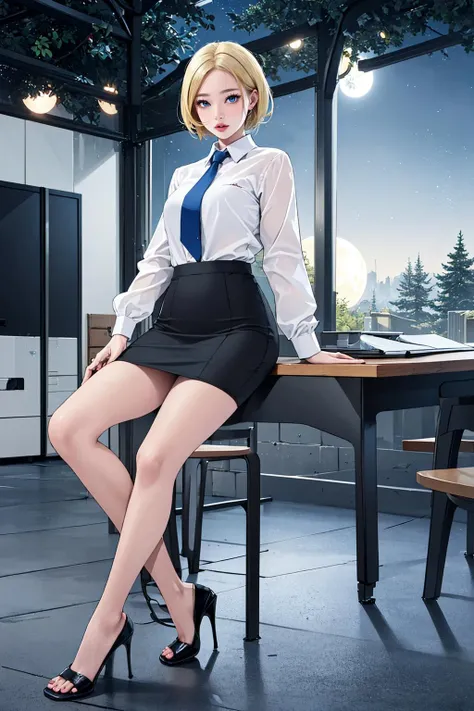 ((masterpiece)), (best quality), official art, extremely detailed CG, unity 8k wallpaper, ultra detailed, highly detailed, detailed background, vivid color, photorealistic, perfect lighting, best illumination,
1girl, solo, (blonde hair:1.4), short hair, blue eyes,   tsurime, high heels, cleavage, anger,  
office lady,  long sleeves,  necktie, pencil skirt,  mini skirt, forest, park, full body, moon, 
 <lora:pao:0.7>,