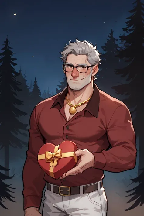 score_9, score_8_up, score_7_up, stanpines, solo, male focus, upper body, mature male, old man, short hair, grey hair, brown eyes, thick eyebrows, glasses, black-framed eyewear, facial hair, stubble, sideburns, necklace, gold chain, chain, red shirt, long sleeves, white pants, belt, cowboy shot, smile, blush, holding gift, heart-shaped box, standing, outdoors, pine forest, night, night sky, dark background <lora:Stanley (Stan) Pines SDXL_LoRA_10r_10e_32i_nr32_a16_Pony Diffusion V6 XL:0.7> <lora:Smooth Anime 2 Style SDXL_LoRA_Pony Diffusion V6 XL:1>