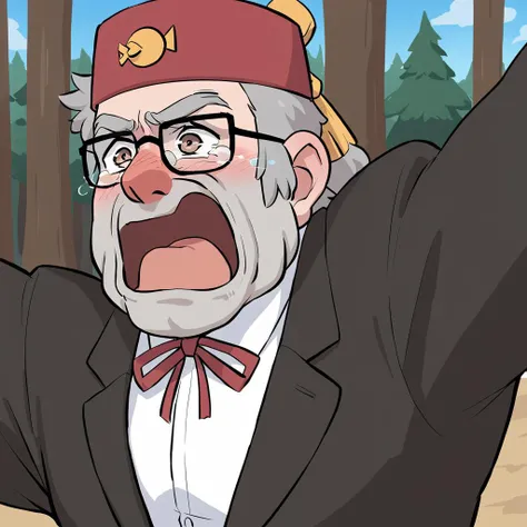 stanpines, solo, male focus, upper body, muscular, mature male, old man, short hair, grey hair, brown eyes, thick eyebrows, glasses, black-framed eyewear, facial hair, stubble, sideburns, open mouth,solo,tears,crying,blush,crying with eyes open, red fez hat, formal, black suit, white shirt, red ribbon, standing, outdoors, pine forest, masterpiece, best quality <lora:Stanley (Stan) Pines SDXL_LoRA_10r_10e_32i_nr32_a16_Animagine XL V3:0.7> <lora:xl_crying_aqua_(meme):1>