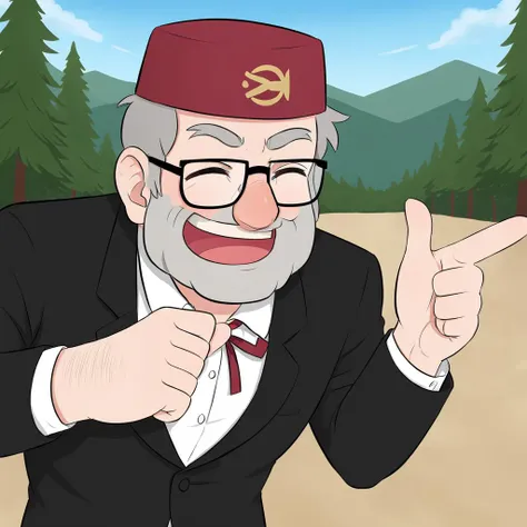 stanpines, solo, male focus, upper body, muscular, mature male, old man, short hair, grey hair, brown eyes, thick eyebrows, glasses, black-framed eyewear, facial hair, stubble, sideburns, ð¤£ð pose,solo,closed eyes,pointing,open mouth,smile,^ ^,:d, red fez hat, formal, black suit, white shirt, red ribbon, standing, outdoors, pine forest, masterpiece, best quality <lora:Stanley (Stan) Pines SDXL_LoRA_10r_10e_32i_nr32_a16_Animagine XL V3:0.7> <lora:xl_ð¤£ð2_a3:1>