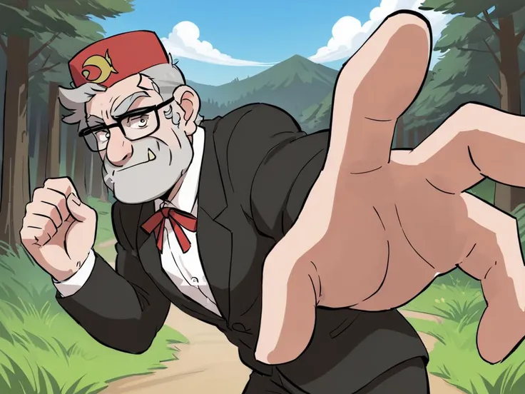 stanpines, solo, male focus, upper body, muscular, mature male, old man, short hair, grey hair, brown eyes, thick eyebrows, glasses, black-framed eyewear, facial hair, stubble, sideburns, pepe punch pose, looking at viewer, red fez hat, formal, black suit, white shirt, red ribbon, standing, outdoors, pine forest, masterpiece, best quality <lora:Stanley (Stan) Pines SDXL_LoRA_10r_10e_32i_nr32_a16_Animagine XL V3:0.7> <lora:xl_pepe_punch_(meme)-000034:1>