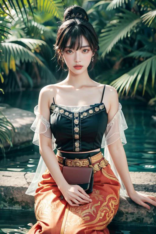 highly insanely detailed, masterpiece, top quality, best quality, highres, 4k, 8k, RAW photo, (very aesthetic, beautiful and aesthetic), thai dress, sitting, large breasts, ring, hair, short hair,black hair, messy bun hair,parted bangs, water, long skirt, own hands together, open mouth, (hazel eyes), armlet, <lora:ThaiClothes-10:0.7>